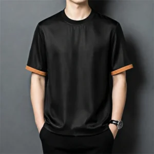 Gambiered Guangdong Gauze T Shirt For Men Short Sleeve Silk 100% Summer Quality Skin-Friendly Coolness Satin Camisetas De Hombre