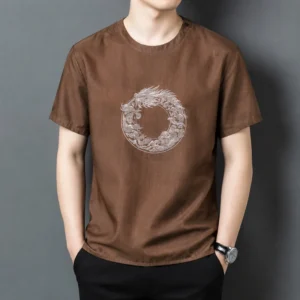 Embroidered Dragon Luxury T Shirt For Men Short Sleeve Loose Fit Summer High-Quality Real Silk 100% Coolness Camisetas De Hombre